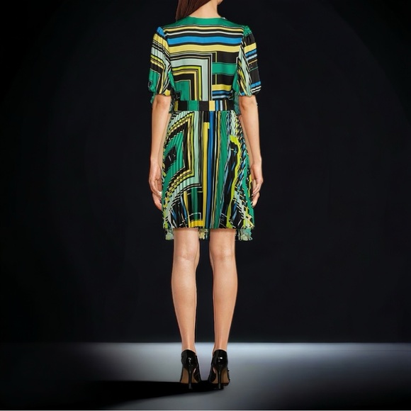 KARL LAGERFELD Geometric Surplice V Neckline Pleated Sleeve Wrap Dress, NEW - Picture 4 of 5